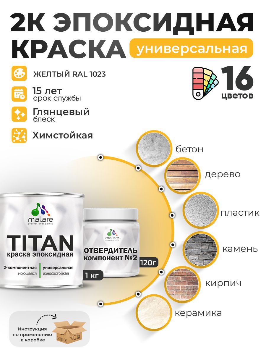 2К Эпоксидная краска Malare TITAN универсальная, двухкомпонентная влагостойкая высокопрочная износостойкая, RAL 1023 желтый, глянцевая, (1 кг + 0,12кг отвердитель)