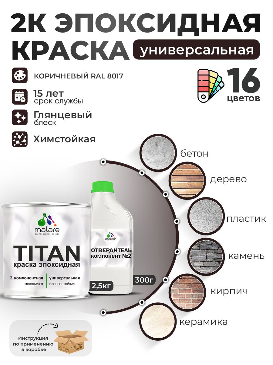 2К Эпоксидная краска Malare TITAN универсальная, двухкомпонентная влагостойкая высокопрочная износостойкая, RAL 8017 коричневый, глянцевая, (2,5 кг + 0,3кг отвердитель)