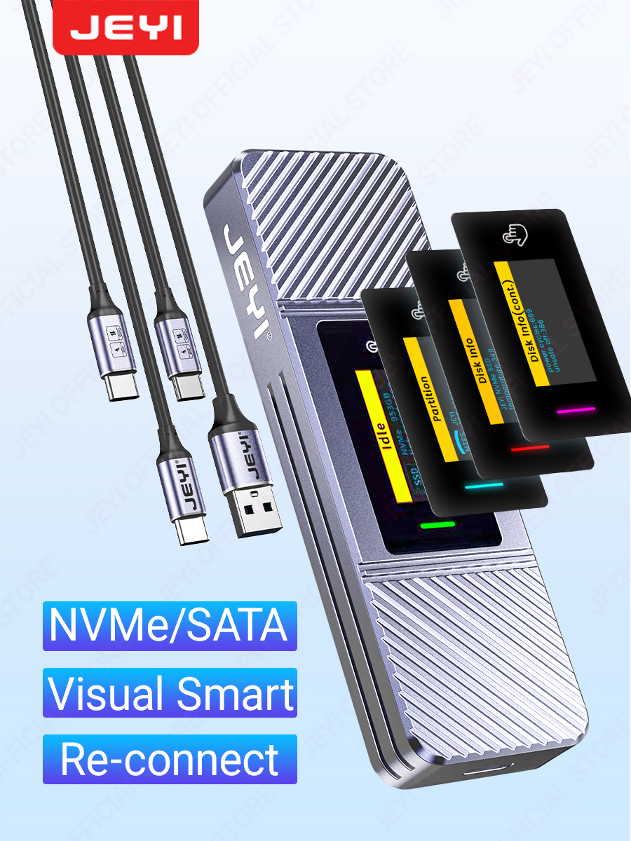 JEYI Visual Smart M.2 NVMe / SATA SSD Enclosure, USB 3.2 10Gbps 10 Set Modes Real-time temperature