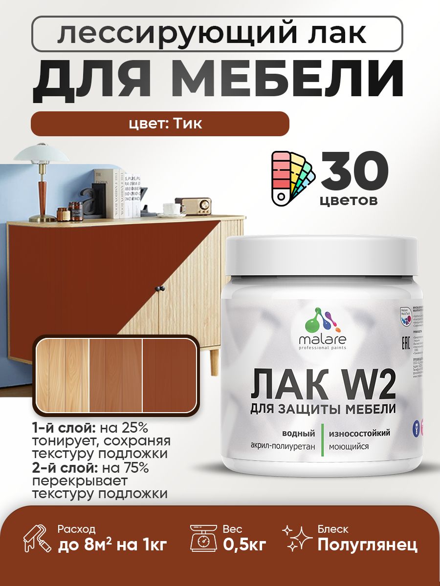 Лак колерованный тонирующий лак для мебели Malare W2 для кухонных фасадов, для дерева и минеральных поверхностей, акриловый быстросохнущий без запаха, полуглянцевый, тик, 0.5 кг.