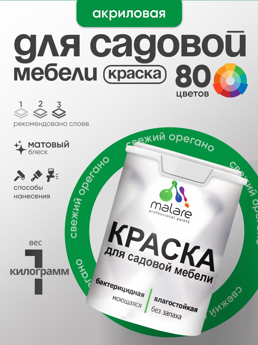 Акриловая краска Malare для садовой мебели/ по дереву, для наружных и внутренних работ/ быстросохнущая моющаяся без запаха матовая, свежий орегано, 1 кг