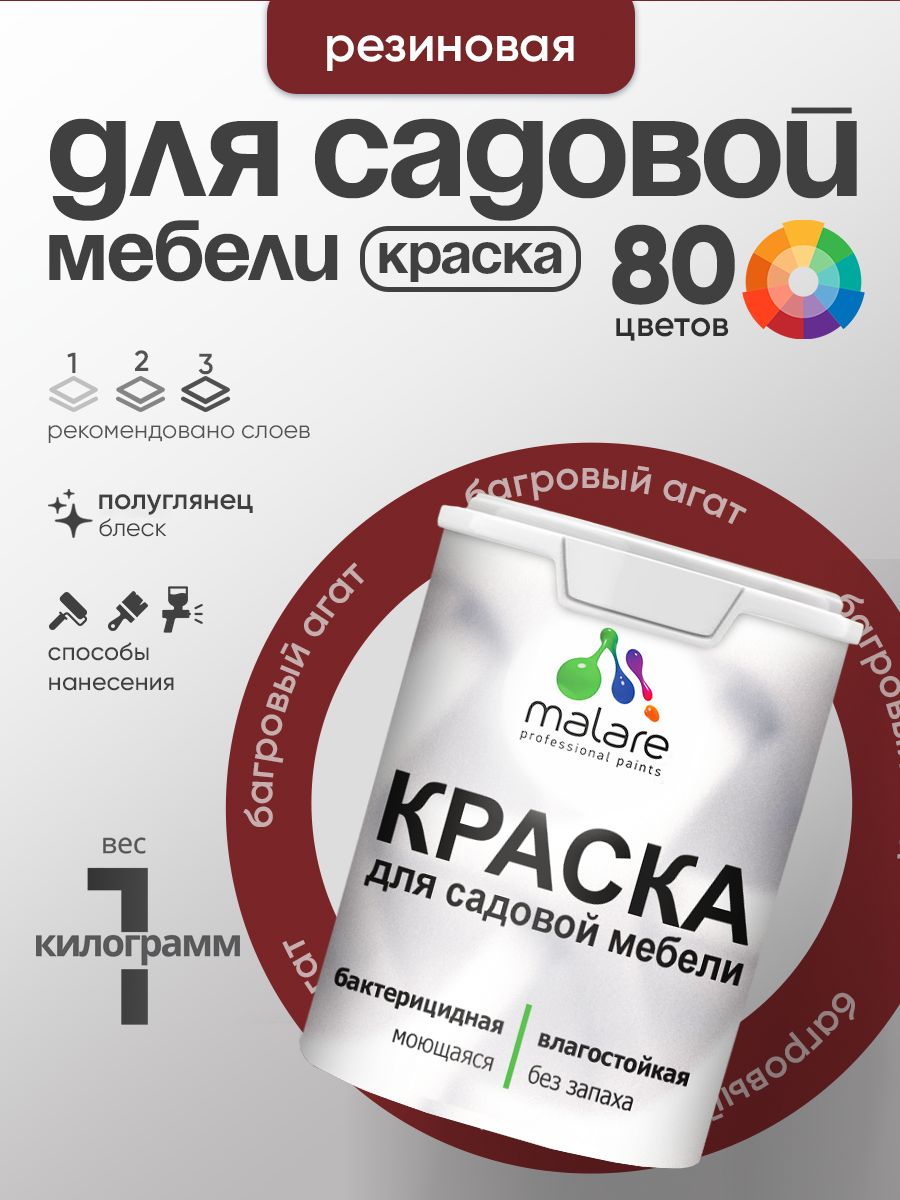 Резиновая краска Malare для садовой мебели/ по дереву, для наружных и внутренних работ/ быстросохнущая моющаяся без запаха полуглянцевая, багровый агат, 1 кг