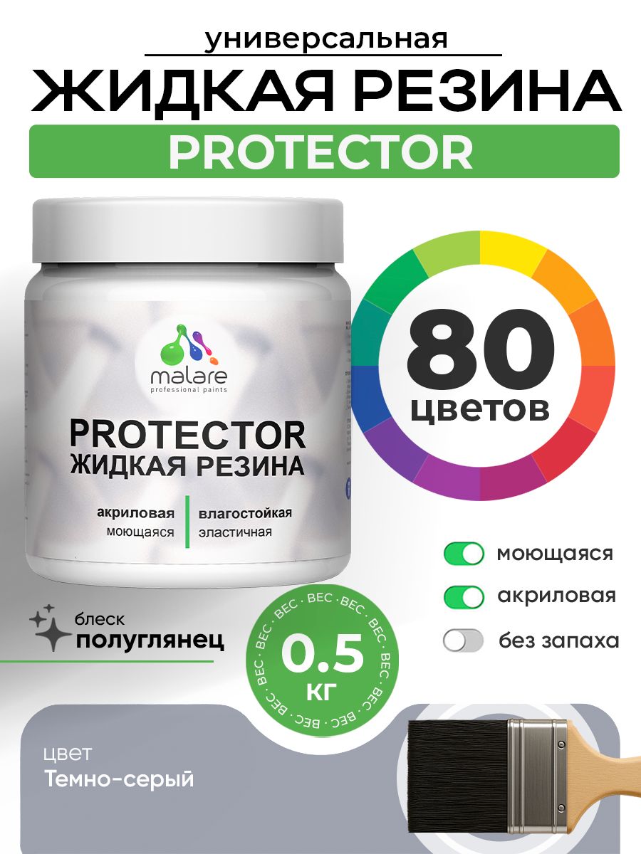 Жидкая резина Malare PROTECTOR резиновая краска для внутренних и наружных работ/ для кровли, для гидроизоляции, без запаха, полуглянцевая, темно-серая, 0.5 кг