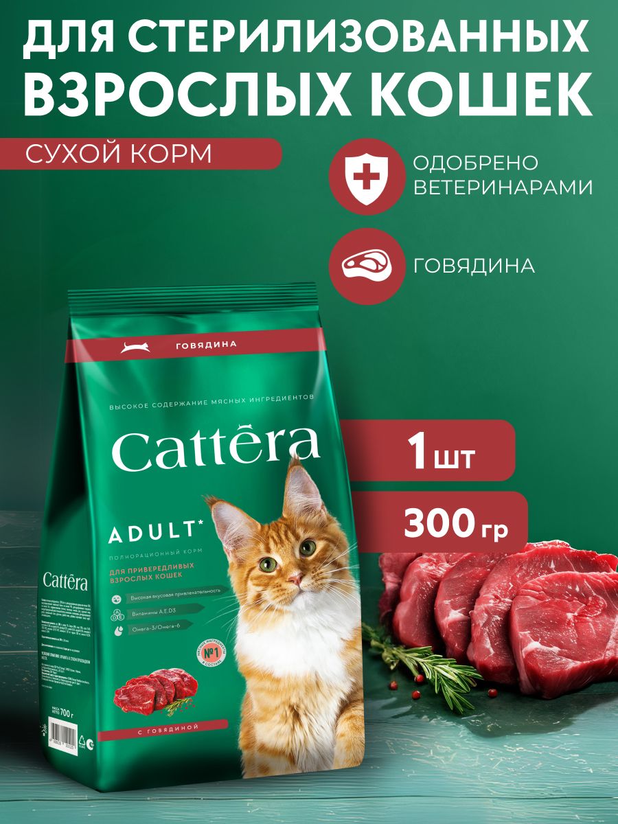 КормдлякошексухойCATTERAполнорационныйдлявзрослыхстерилизованныхкошексговядиной,300гр,1шт