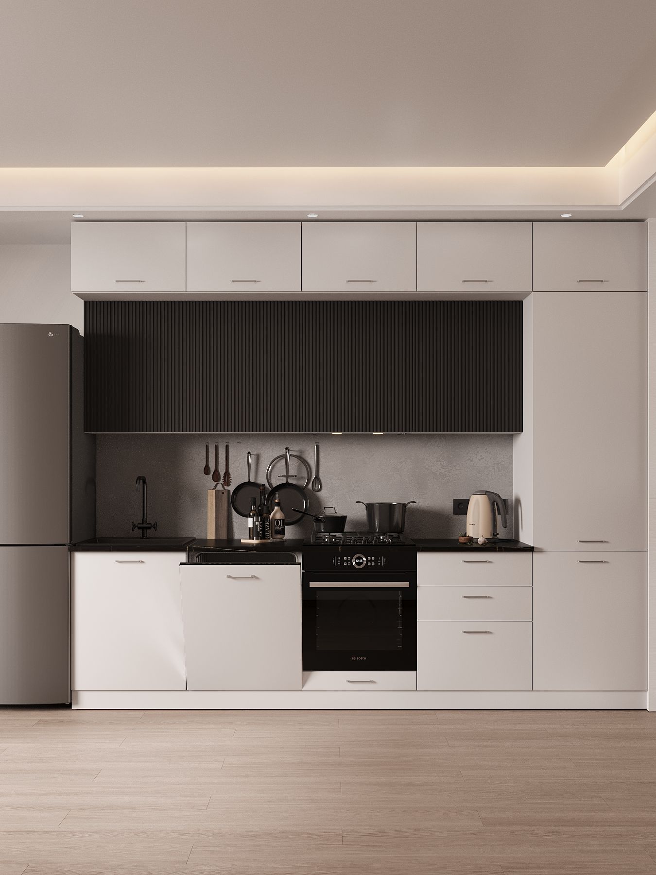 Кухонныйгарнитур(кухня)Аврора3.0ВертикальпрямаяМДФ3мГрафитсофт/Белыйсофтсостолешницей2,4мМраморитальянский