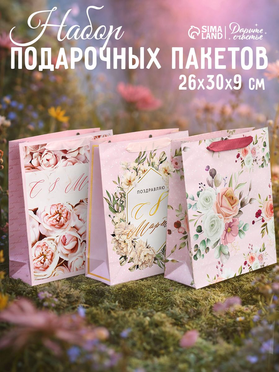Подарочные пакеты, набор 3 шт, 26 х 30 х 9 см