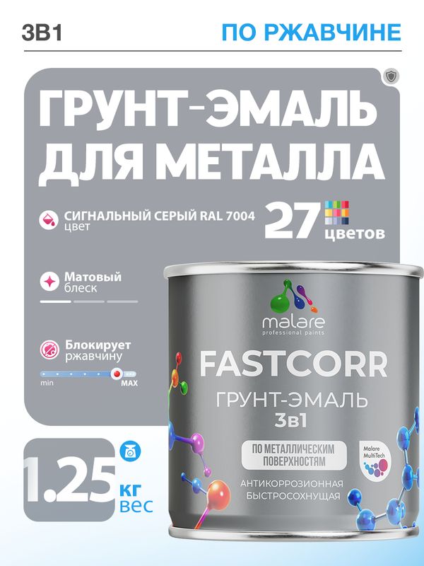 Грунт-эмаль по ржавчине 3 в 1 Malare FastCorr краска для металла, антикоррозионная износостойкая быстросохнущая RAL 7004, сигнальный серый, матовая, 1,25 кг.
