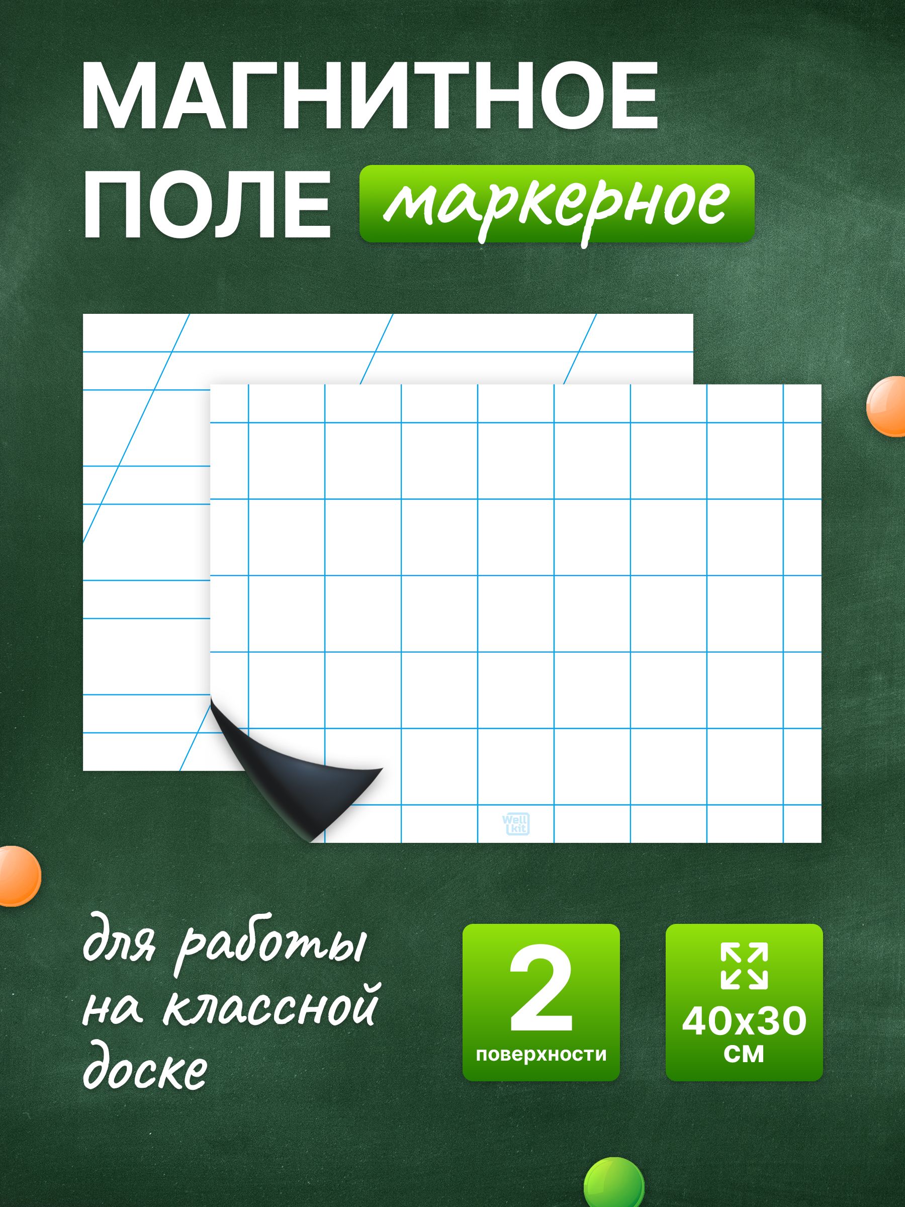 Разлиновка магнитная для школьной доски комплект, клетка + редкая косая линия 40х30 см. WellKit