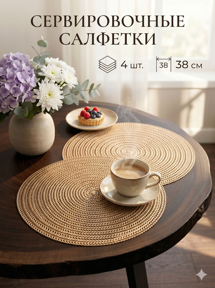 4 шт Салфетка для сервировки стола 38*38 круглые золотистые / сервировочные плейсматы на стол 4 шт. ПВХ #1