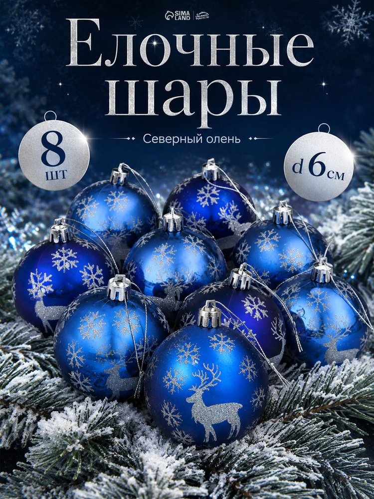 Елочные шары игрушки набор из 8 шт, 6 см, синие / Набор елочных украшений #1