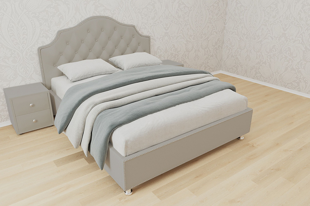 Односпальная кровать Мария с кареткой 80x200 основание металлическое с ламелями велюр бежевый ножки 13 #1