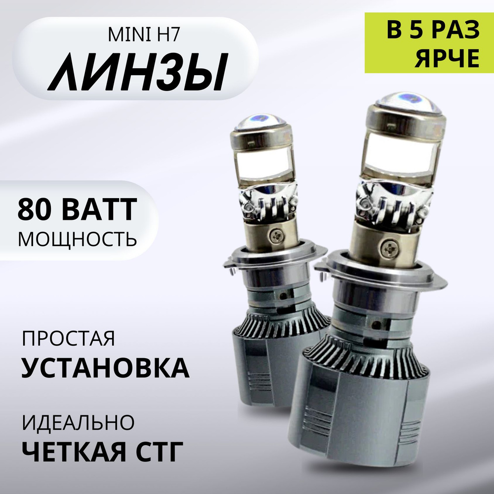 Светодиодные лампы H7, мини линзы H7 A80 PRO, LED лампы H7, белые 6000k,  10000lm, LED линзы, без разбора фары, 2 шт