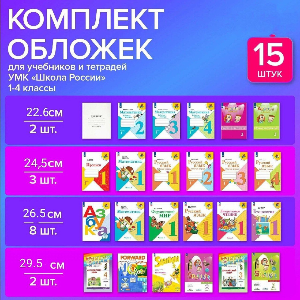 Набор обложек для начальных классов 15 шт, Школа России (ФГОС ...