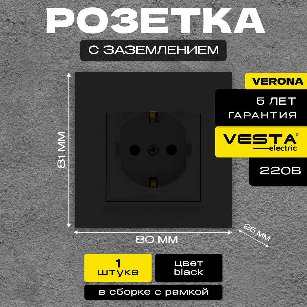 Розетка одинарная с заземлением черная Vesta-Electric Verona Black #1