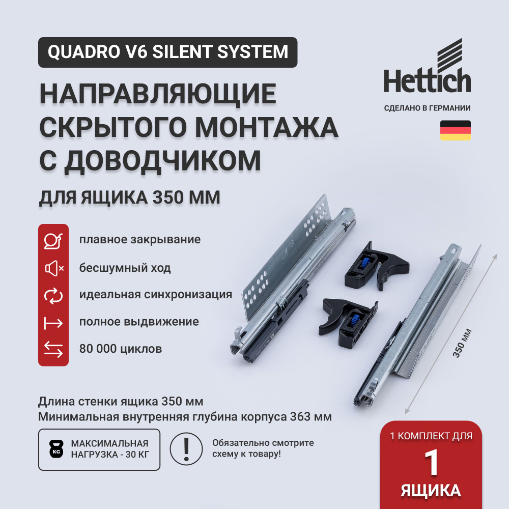 Направляющие для ящиков скрытого монтажа Hettich Quadro V6 Silent System с доводчиком, длина 350 мм, #1