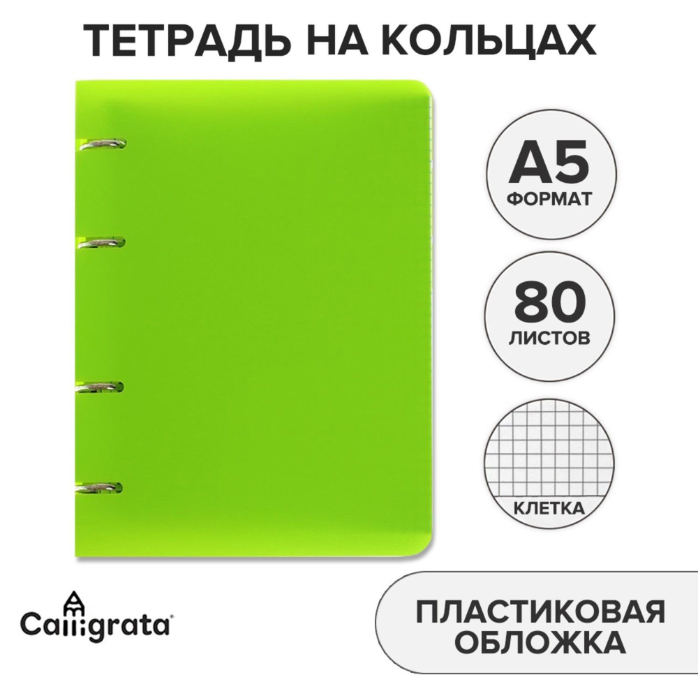 Тетрадь на кольцах А5 Calligrata, в клетку, 80 листов, пластиковая обложка,  блок офсет, салатовая