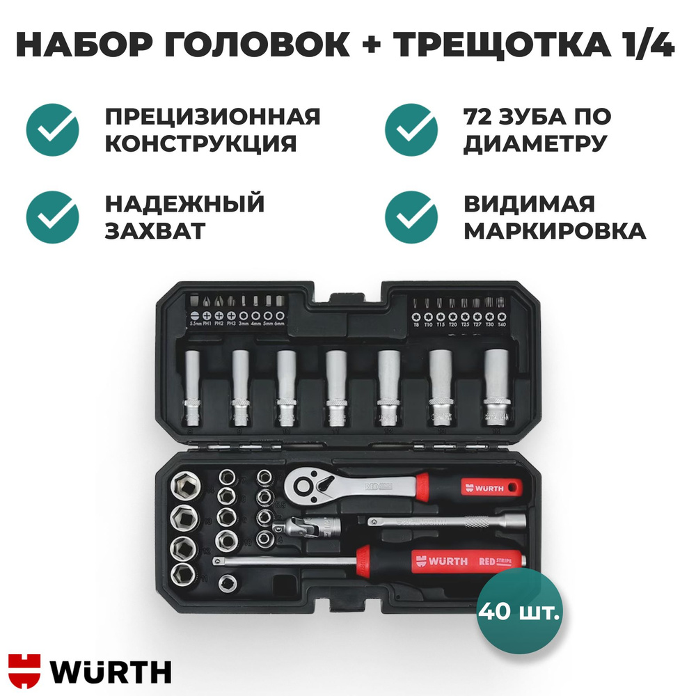 Набор головок + трещотка 1/4, Red Stripe, 40 шт., WURTH купить на
