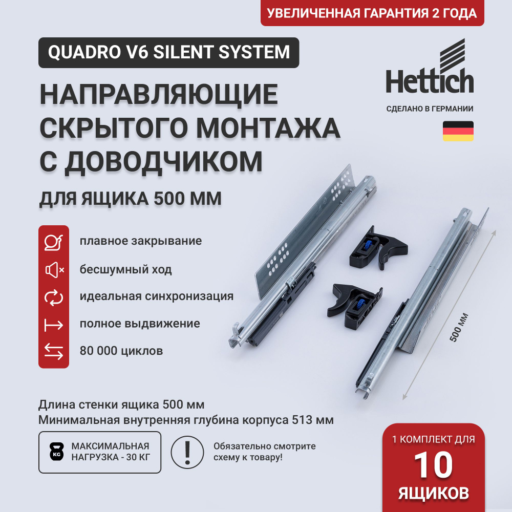 Направляющие скрытого монтажа Hettich Quadro V6 Silent System с доводчиком, длина 500 мм, полное выдвижение #1