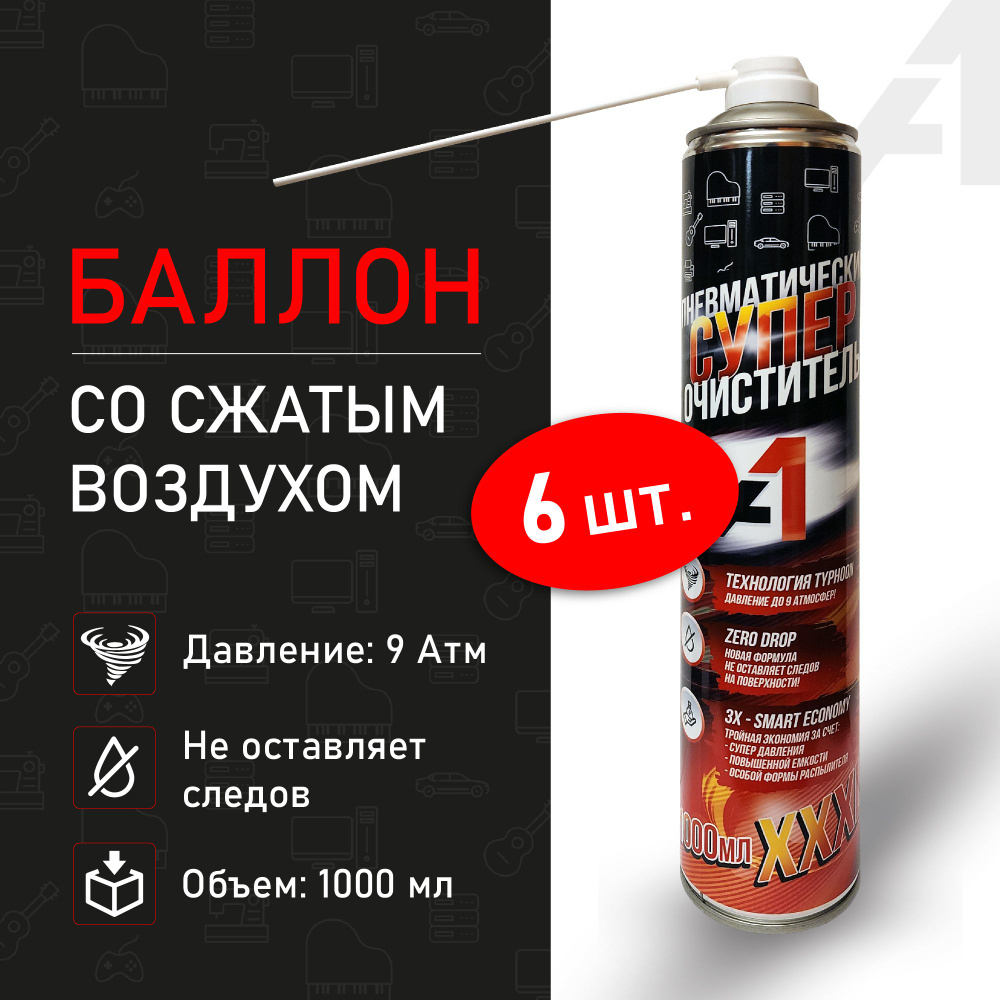 Баллон со сжатым воздухом для чистки ПК 1000мл 6 штук, Пневматический ...
