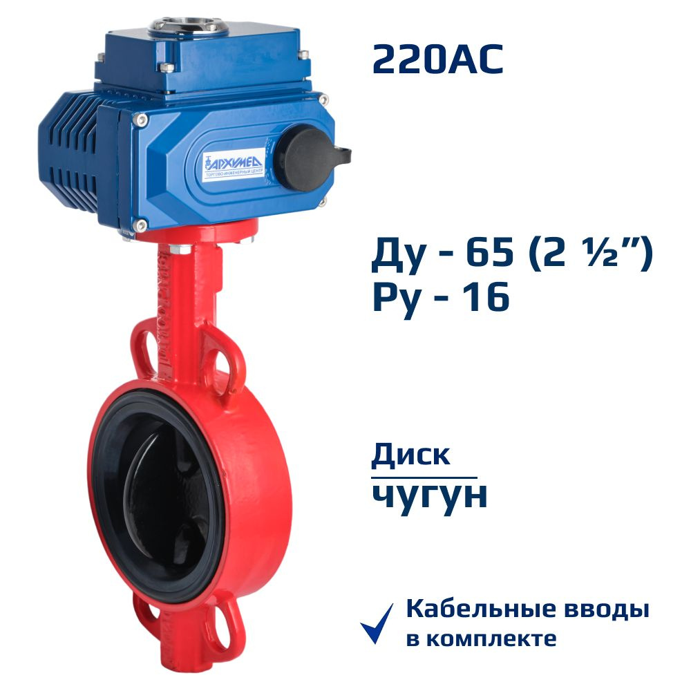 Затвор дисковый поворотный межфланцевый ДУ65 РУ16 чугунный, диск чугун с электроприводом Архимед AA341-065.220/50 #1