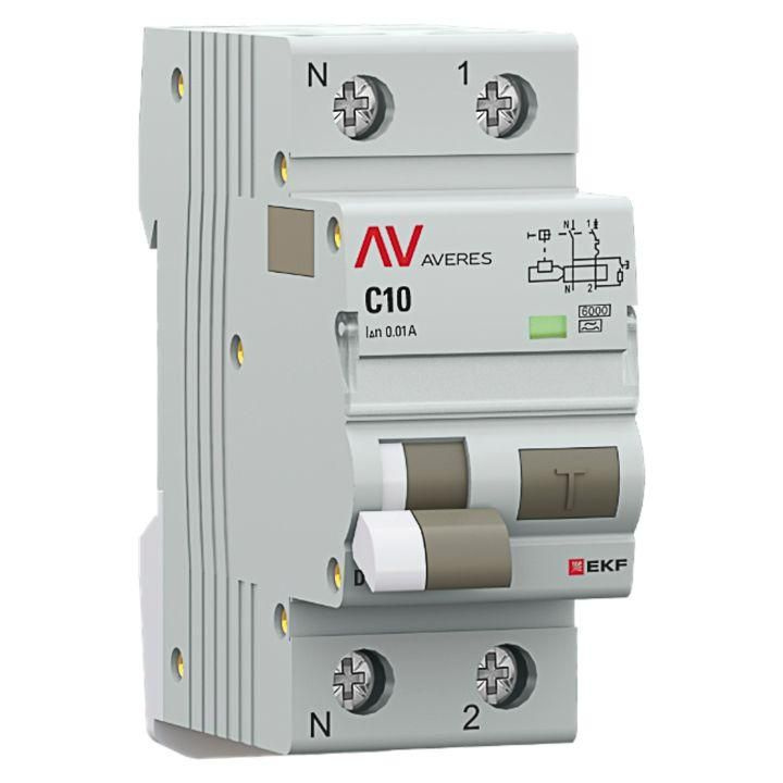 Выключатель автоматический дифференциального тока 2п (1P+N) C 10А 10мА тип A 6кА DVA-6 AVERES EKF rcbo6-1pn-10C-10-a-av #1