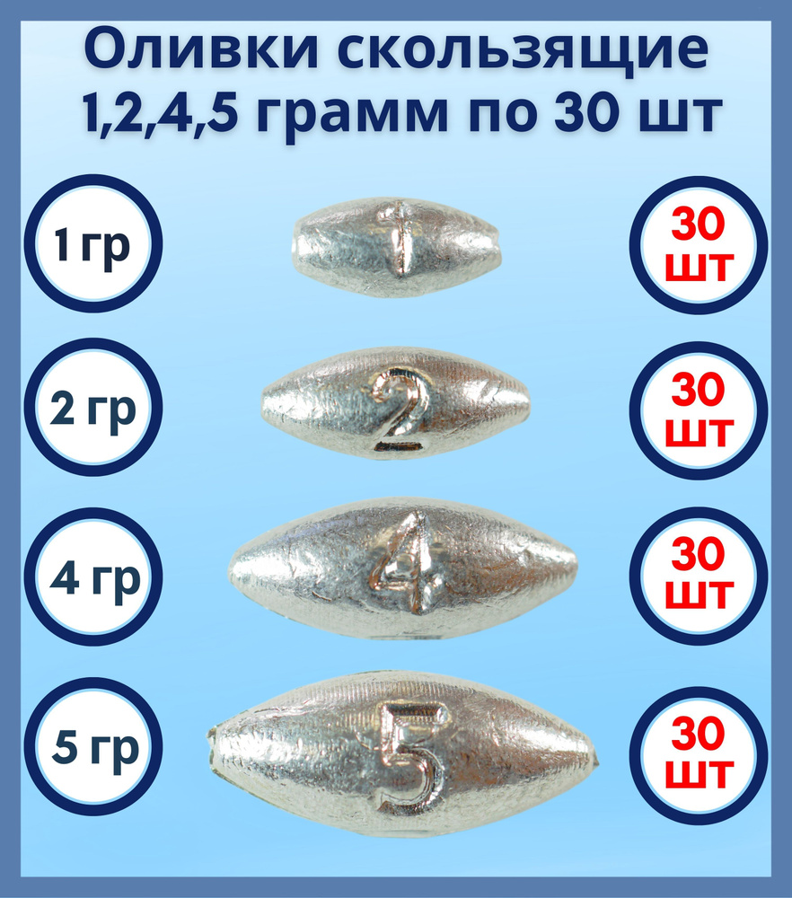 Набор грузил Оливка скользящая 1,2,4,5 грамм по 30 шт #1