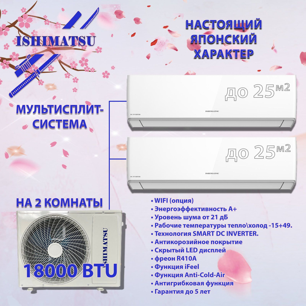 Инверторная мультисплит-система Ishimatsu на 2 комнаты (25 м2 + 25 м2 ...