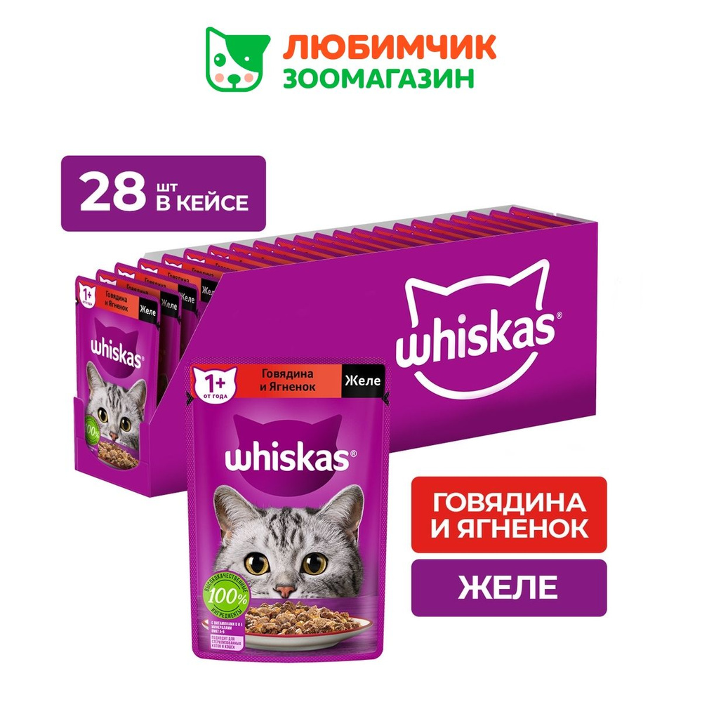 Whiskas влажный корм для кошек, желе с говядиной и ягненком (28шт в уп) 75  гр, паучи - купить с доставкой по выгодным ценам в интернет-магазине OZON  (508561913)