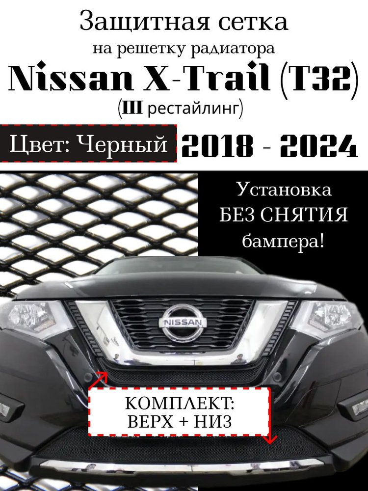 Защита радиатора Nissan X-Trail 2018-2024 верхняя и нижняя решетка черного цвета (защитная решетка для #1