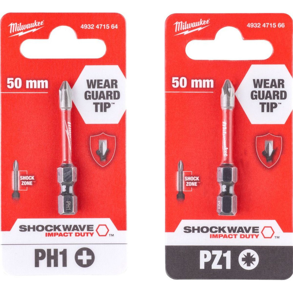 PH1(1шт)+PZ1(1шт) 50мм. Набор бит для шуруповёрта ударных Shockwave MILWAUKEE  #1