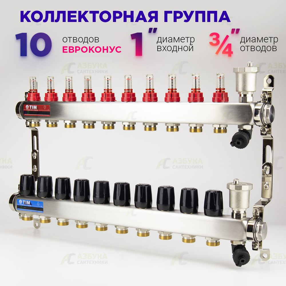 Коллекторная группа с расходомерами 1", 10 хода, нержавеющий без кранов (КВАДРАТ)  #1