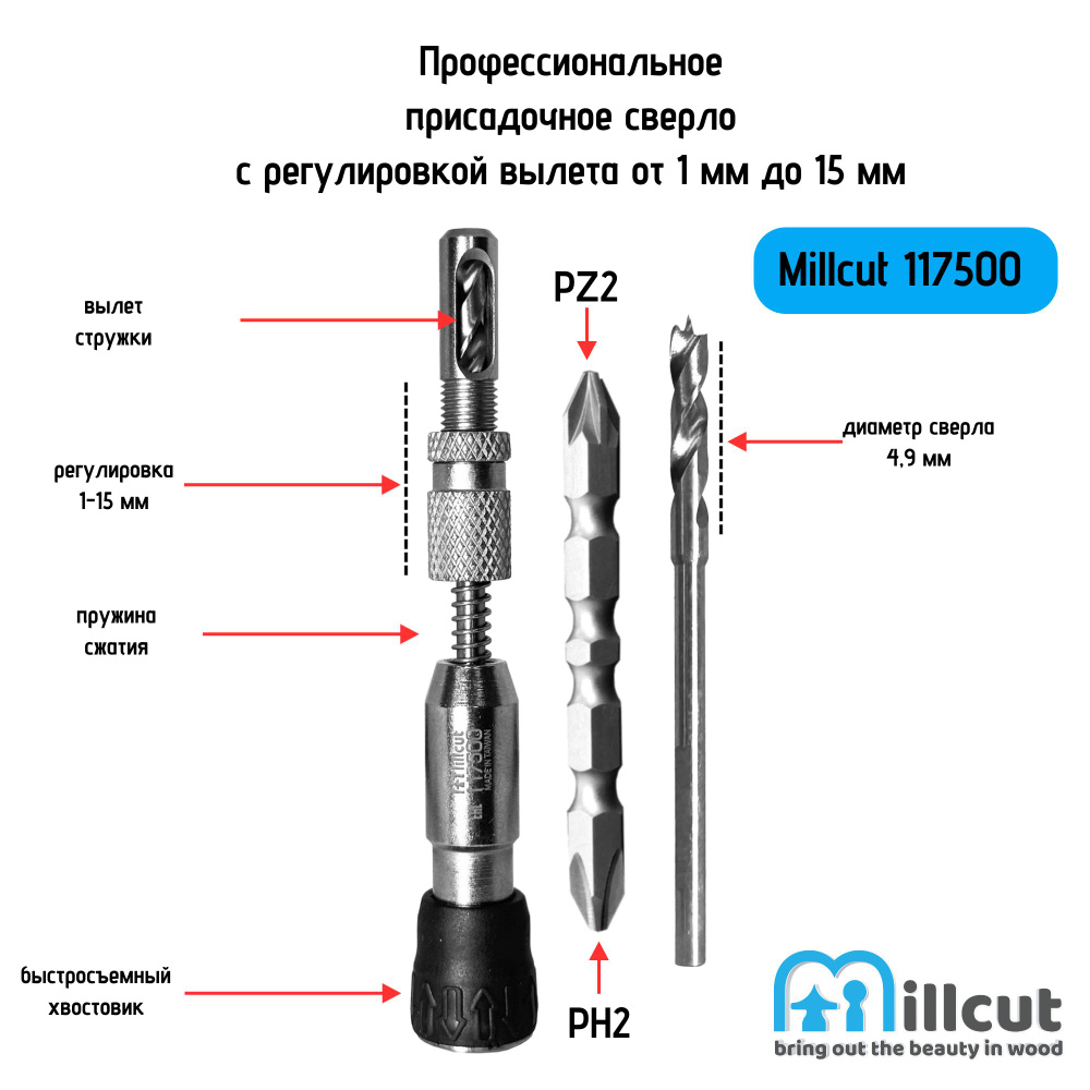 Cамоцентрирующееся присадочное сверло D4,9 L110 с точной регулировкой вылета сверла 1-15 ммMillcut 117500 #1