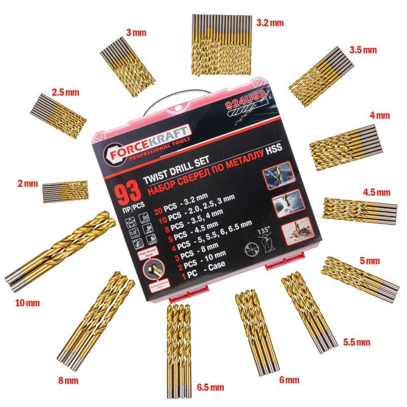 Набор сверл FORCEKRAFT по металлу HSS 93 предмета (1-10мм) в кейсе FK-924U93  #1