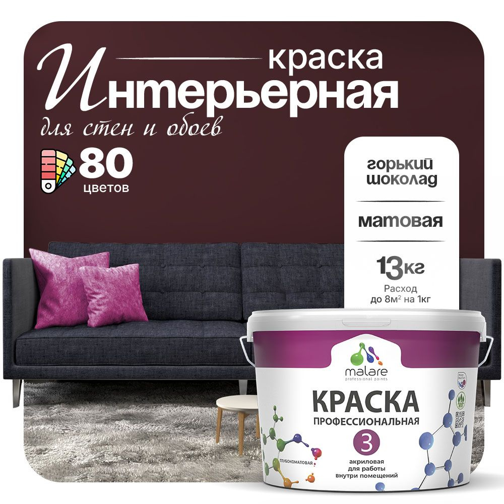 Краска Malare Professional Euro №3 интерьерная для стен и обоев, для потолка, акриловая, быстросохнущая, #1