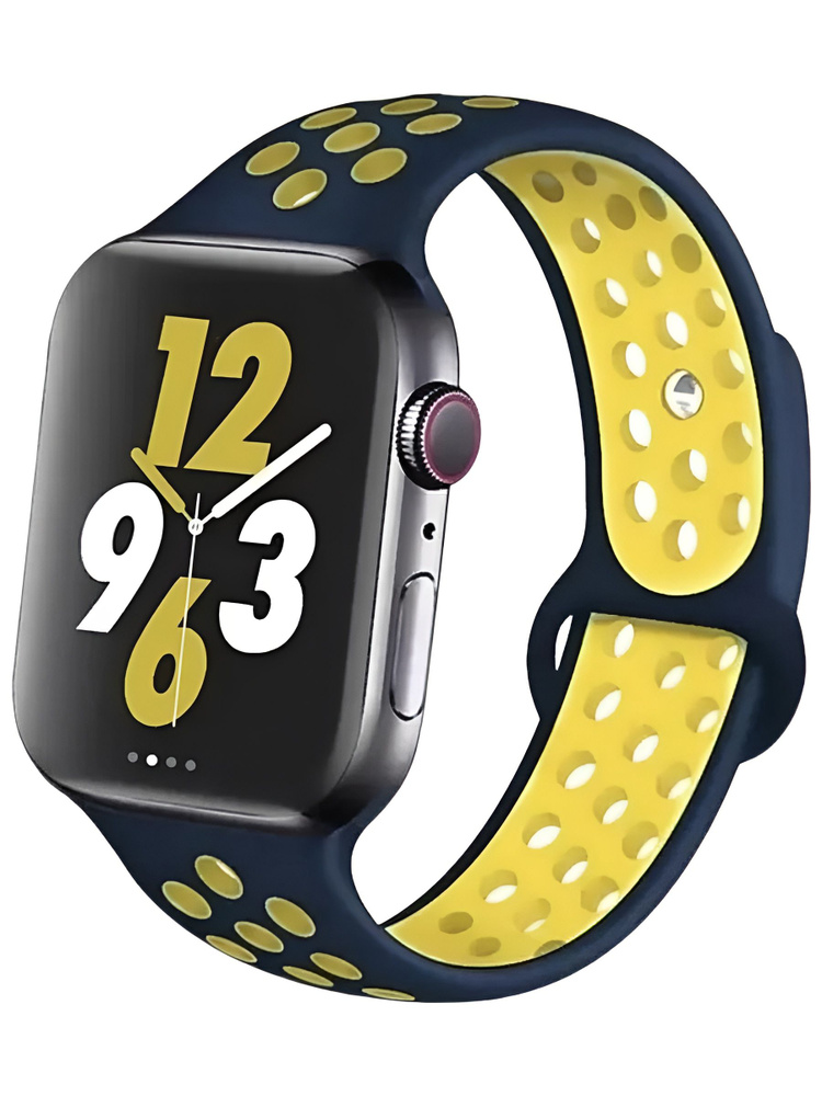 Силиконовый ремешок для часов Apple Watch 38/40/41 мм темно-синий и желтый (№41) / Ремешок на часы эпл #1