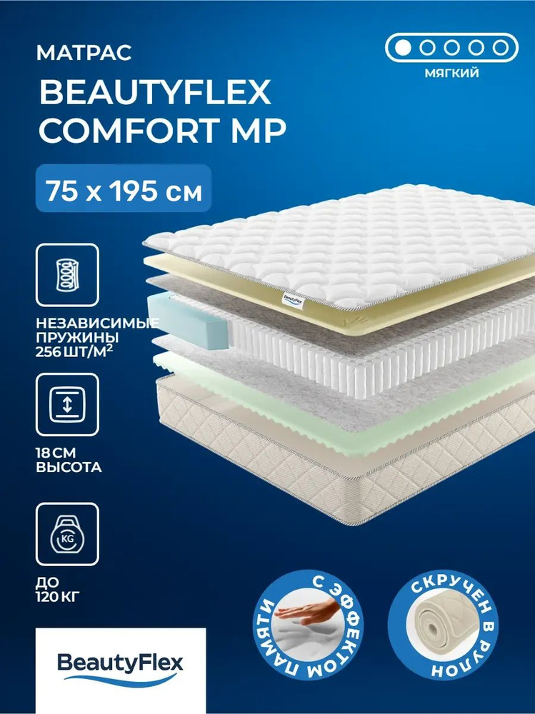 Матрас BeautyFlex Comfort 75х195 пружинный c эффектом памяти, умеренно-мягкий, массажный эффект, мемори, #1