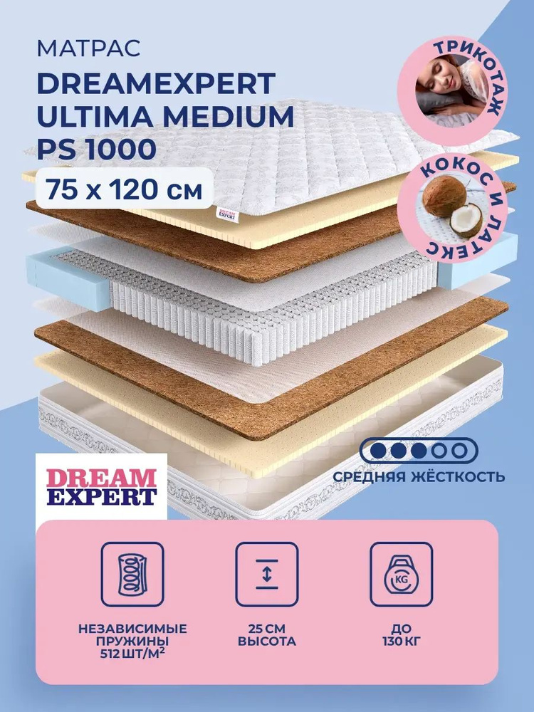 Матрас 75х120 DreamExpert Ultima Medium PS 1000, независимые пружины, двусторонний с одинаковой жесткостью, #1