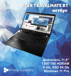 Acer TravelMate TMB118 Ноутбук 11.6", Intel Celeron N4100, RAM 4 ГБ, eMMC 64 ГБ, Intel UHD Graphics 600, Windows Pro, черный, Русская раскладка