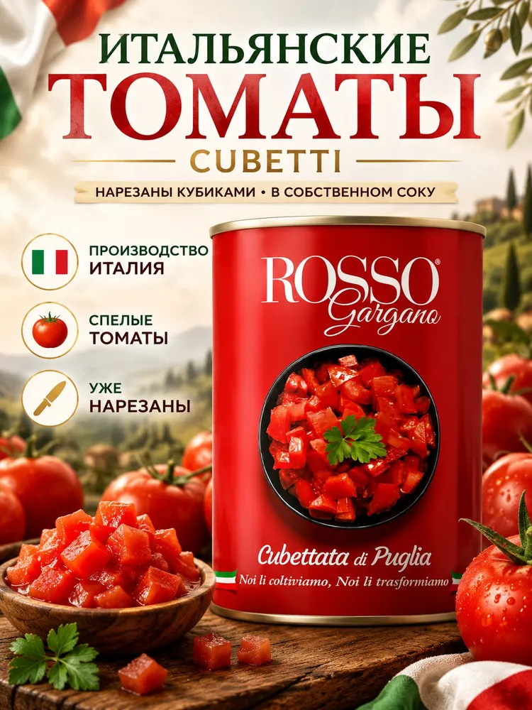 Томаты в собственном соку, Rosso Gargano Cubetti нарезанные кубиками 400 г, 400 г