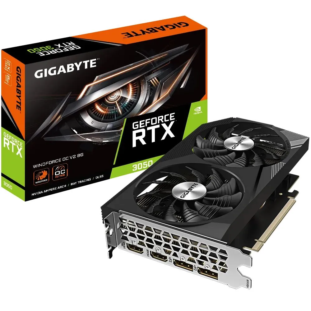 Gigabyte Видеокарта GeForce RTX 3050 WINDFORCE OC 8 ГБ (GV-N3050WF2OCV2-8GD)