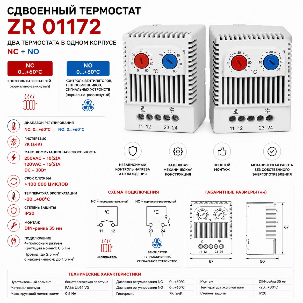 Сдвоенный термостат ZR 01172 DIN-рейка NC/NO 0+60C