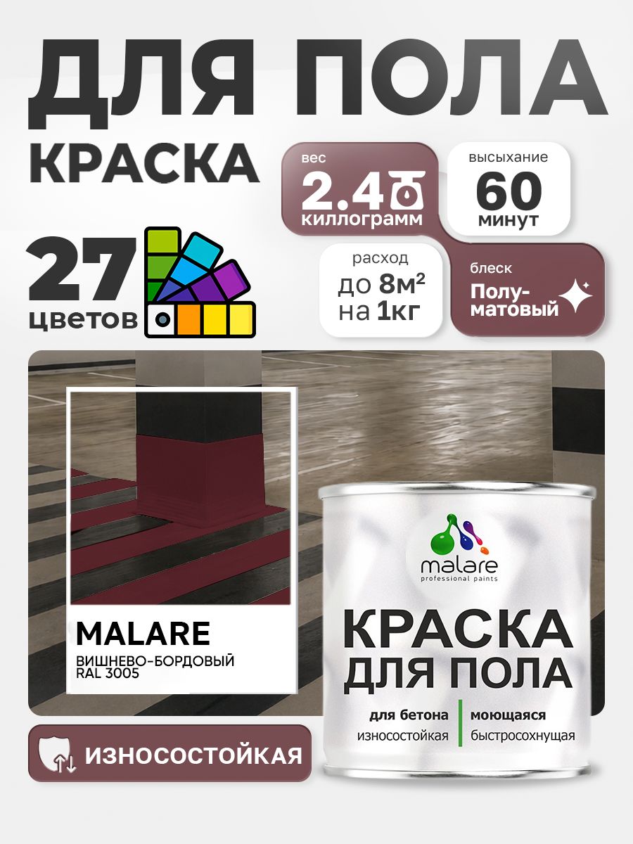 Краска для пола Malare акрил-уретановая эмаль для бетонных полов/ износостойкая, быстросохнущая моющаяся, полуматовая RAL 3005 вишневый бордовый, 2,4 кг