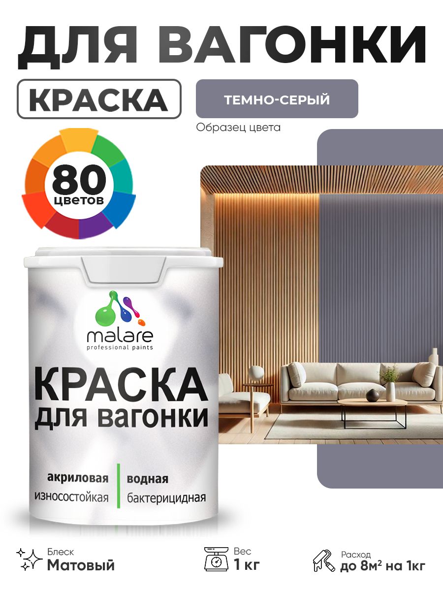Акриловая краска для вагонки Malare для дерева, для фасадов и интерьера с антисептическим эффектом, быстросохнущая, без запаха, матовая, темно-серый, 1 кг