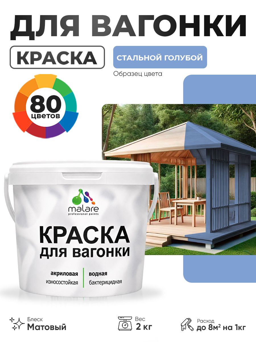 Акриловая краска для вагонки Malare для дерева, для фасадов и интерьера с антисептическим эффектом, быстросохнущая, без запаха, матовая, стальной голубой, 2 кг