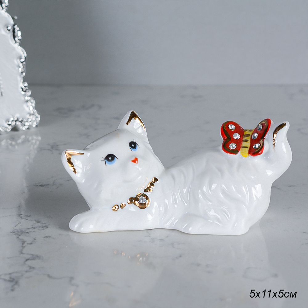 Статуэтка Кот, фарфор, 11 см, цвет белый, золотой