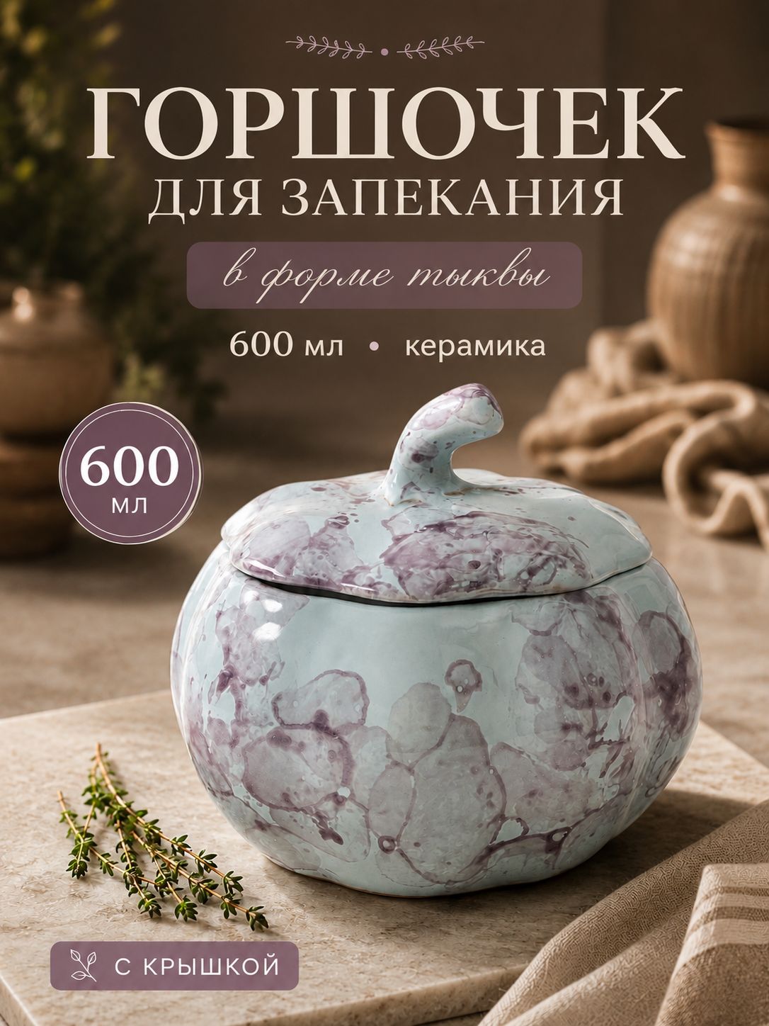 Горшочек для запекания Борисовская керамика "Тыква", объем 600 мл, серый