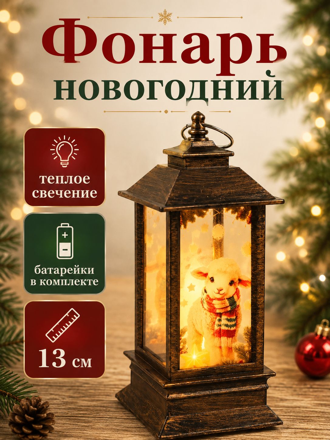 Фонарь новогодний, декоратиный, 5,8 х 13 х 5,8 см