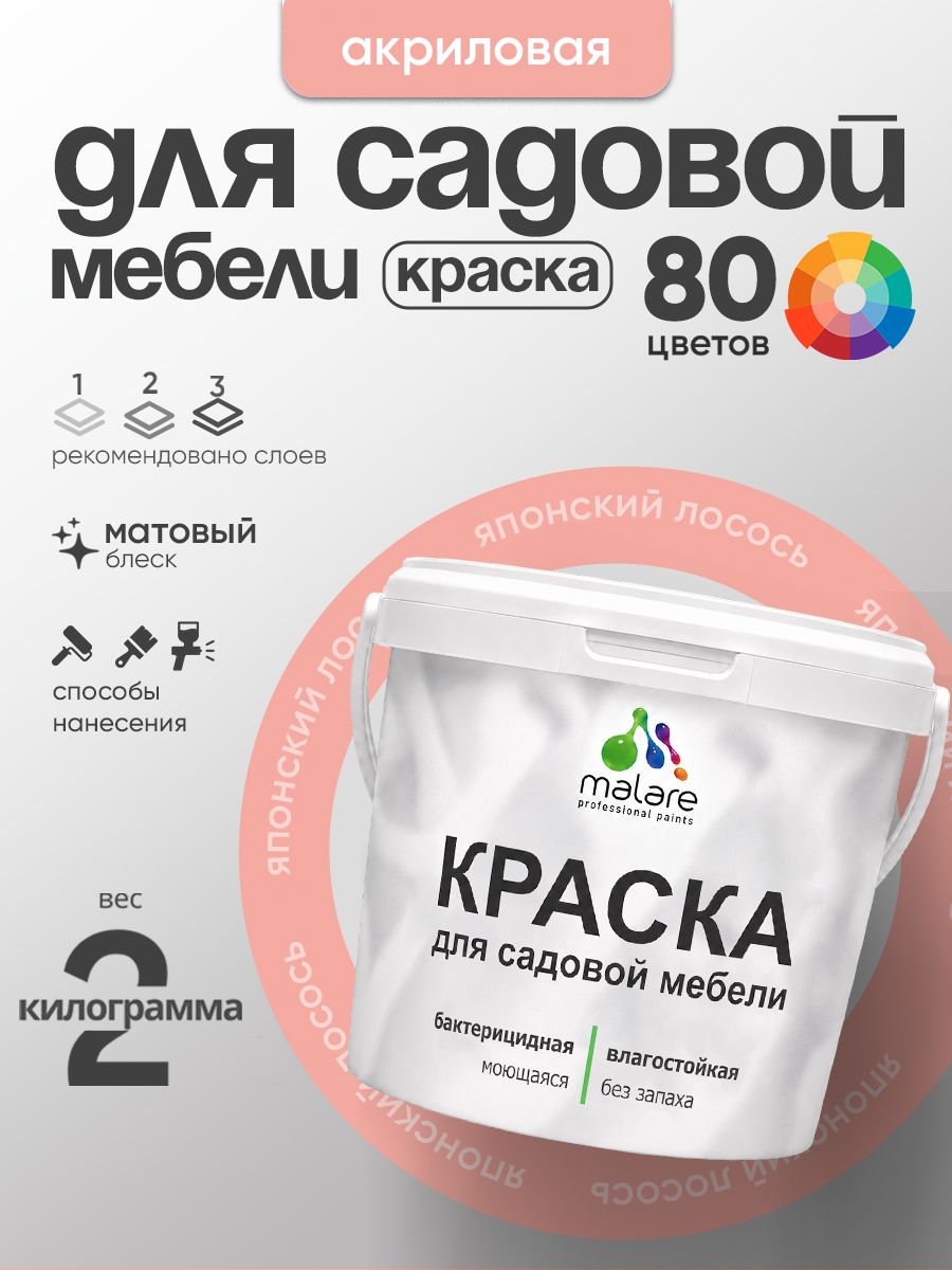 Акриловая краска Malare для садовой мебели/ по дереву, для наружных и внутренних работ/ быстросохнущая моющаяся без запаха матовая, японский лосось, 2 кг