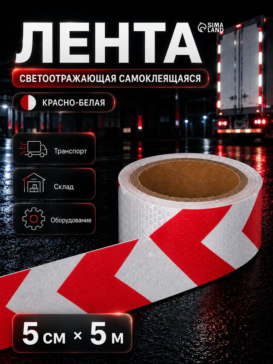 Светоотражающая лента, самоклеящаяся, красно-белая, 5 см х 5 м