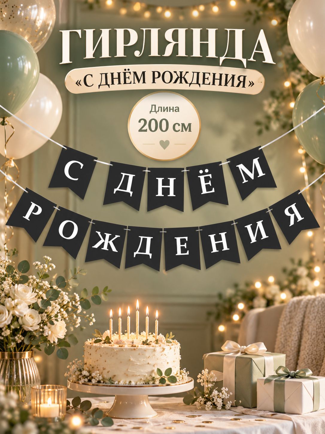Гирлянда на ленте С Днем Рождения! / Черная / 200 см
